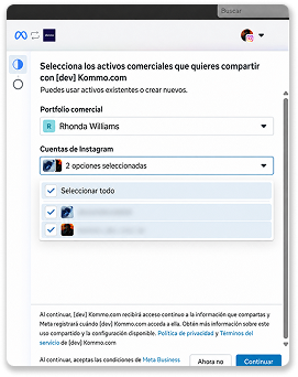 User selects Instagram accounts to share with Kommo.com in the business portfolio.